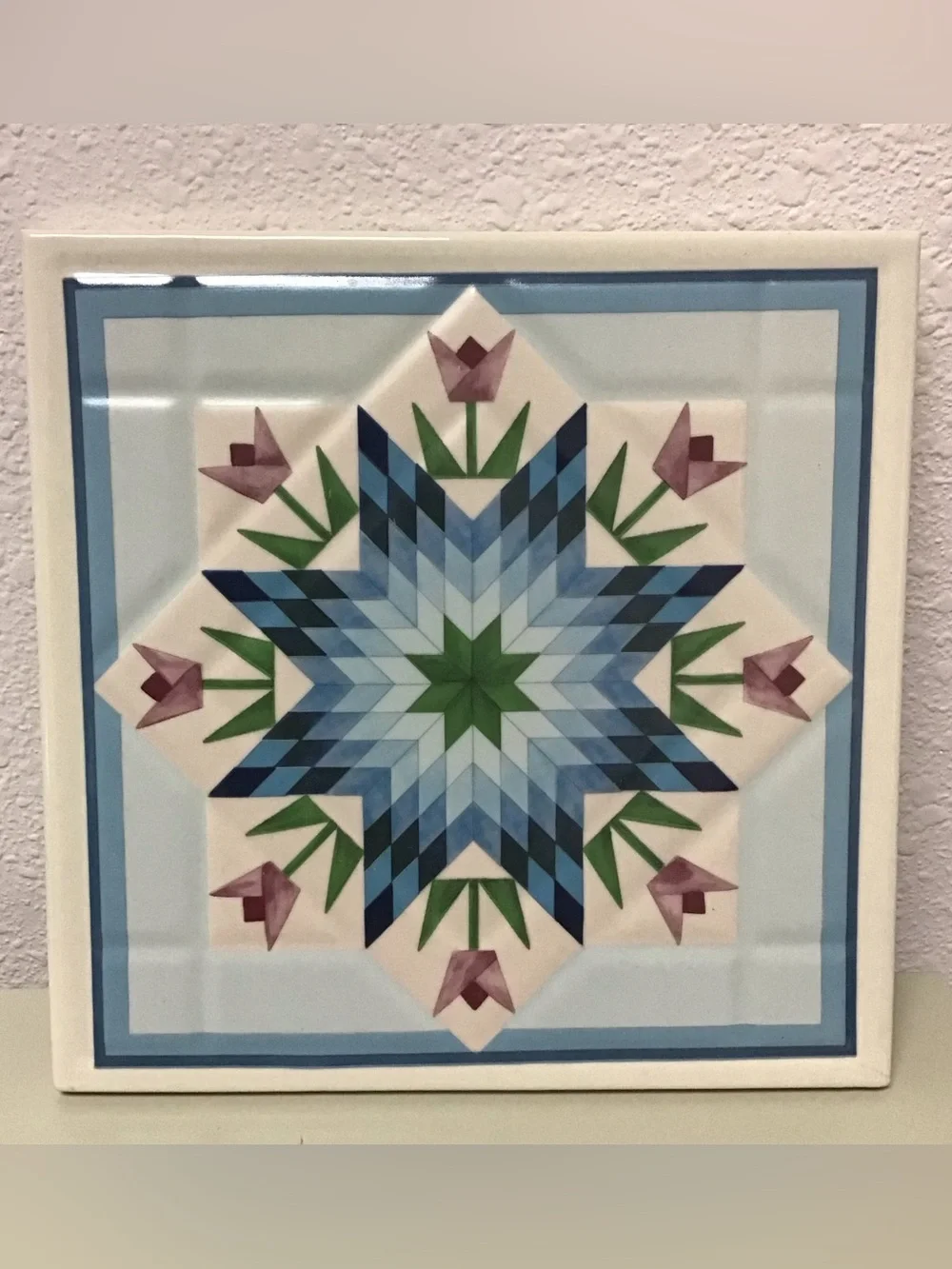 Vintage Quilt Pattern Ceramic Tile Blue Lone Star Variation